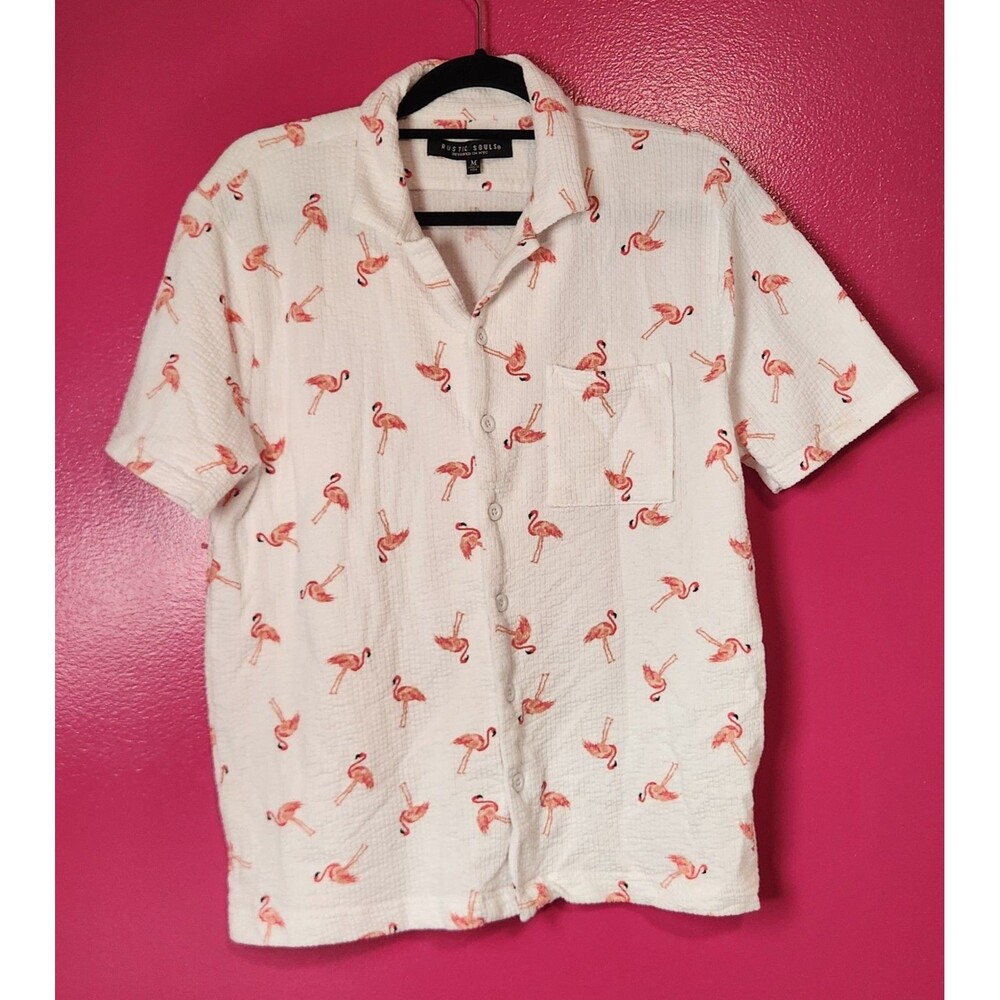 Rustic Souls Mens Med Flamingo Textured Short Sleeve Camp Collar Button Up Shirt